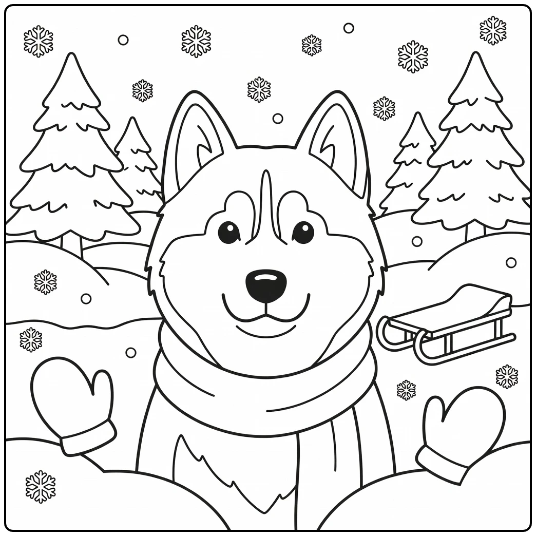 A friendly Siberian Husky dog face coloring page with a scarf.