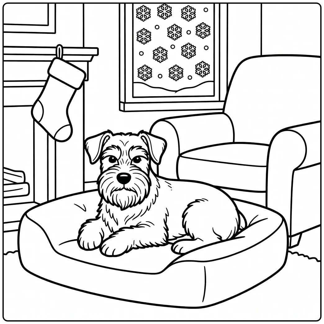 Cozy schnauzer coloring page by a snowy window and warm fire.