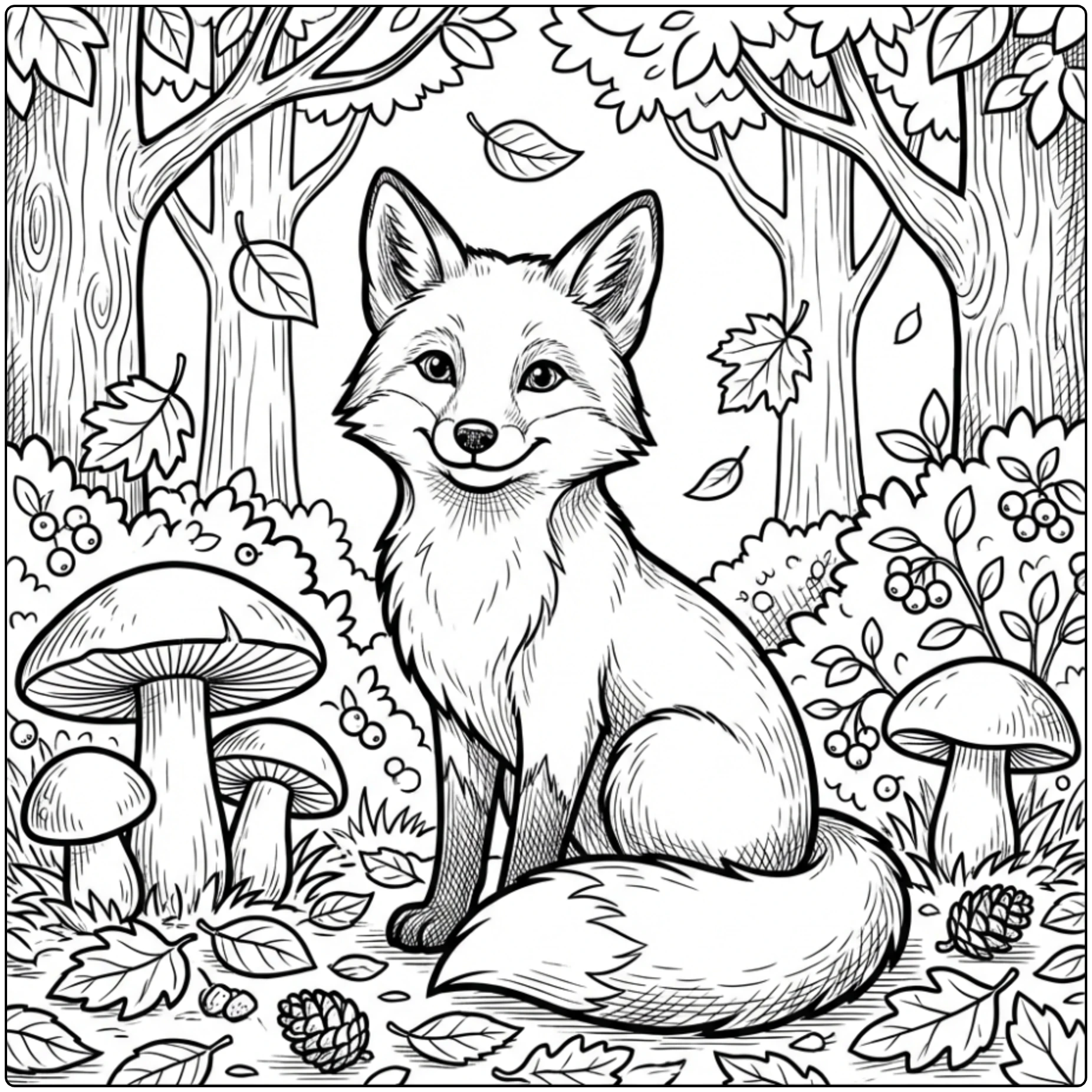 Animal coloring page of a fox sitting in an autumn forest