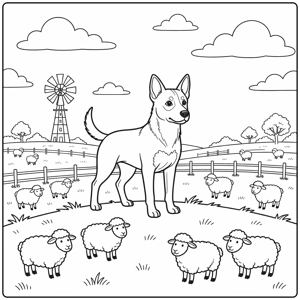 An alert dog watching over sheep on a kelpie coloring page.