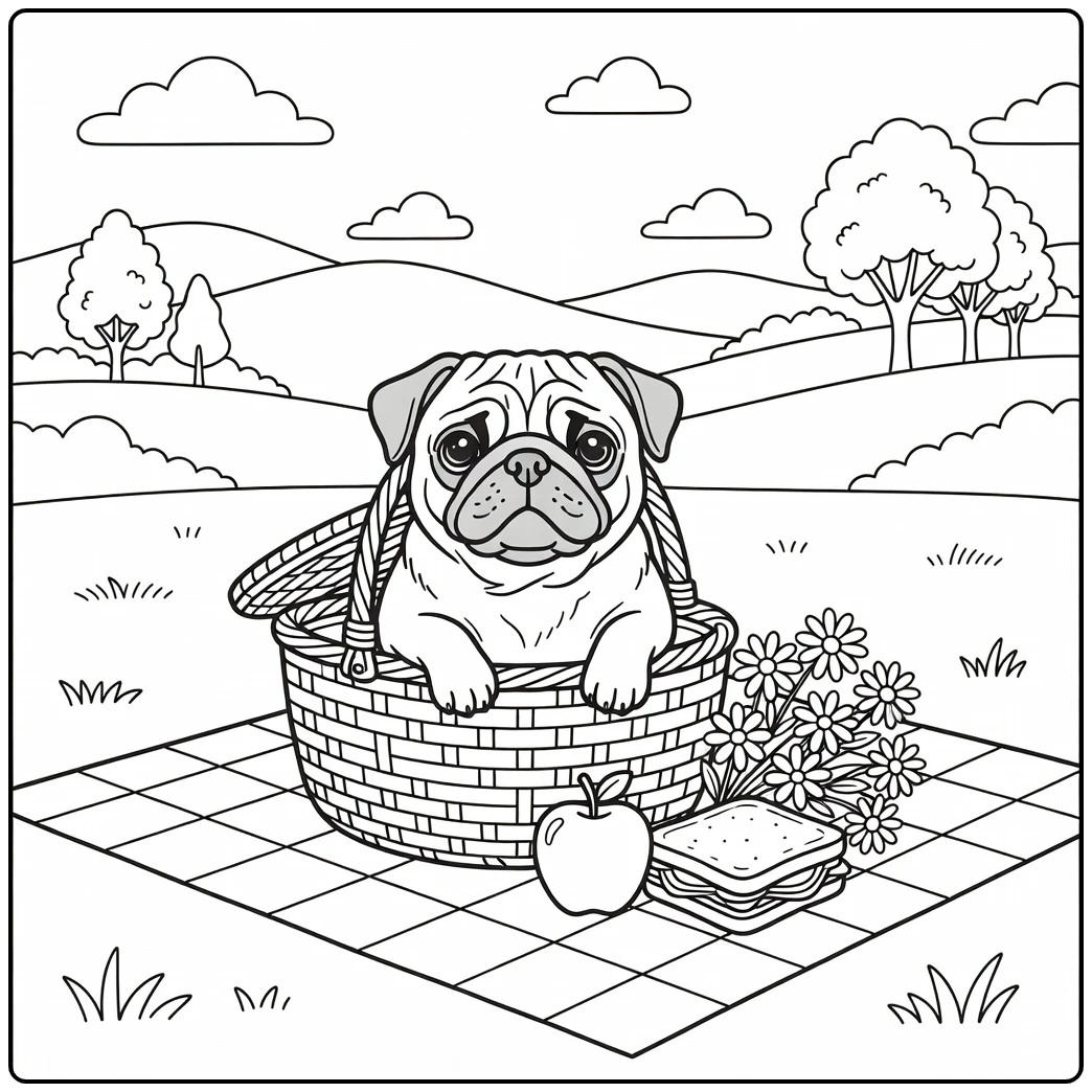 A cute Pug dog face coloring page peeking from a picnic basket.