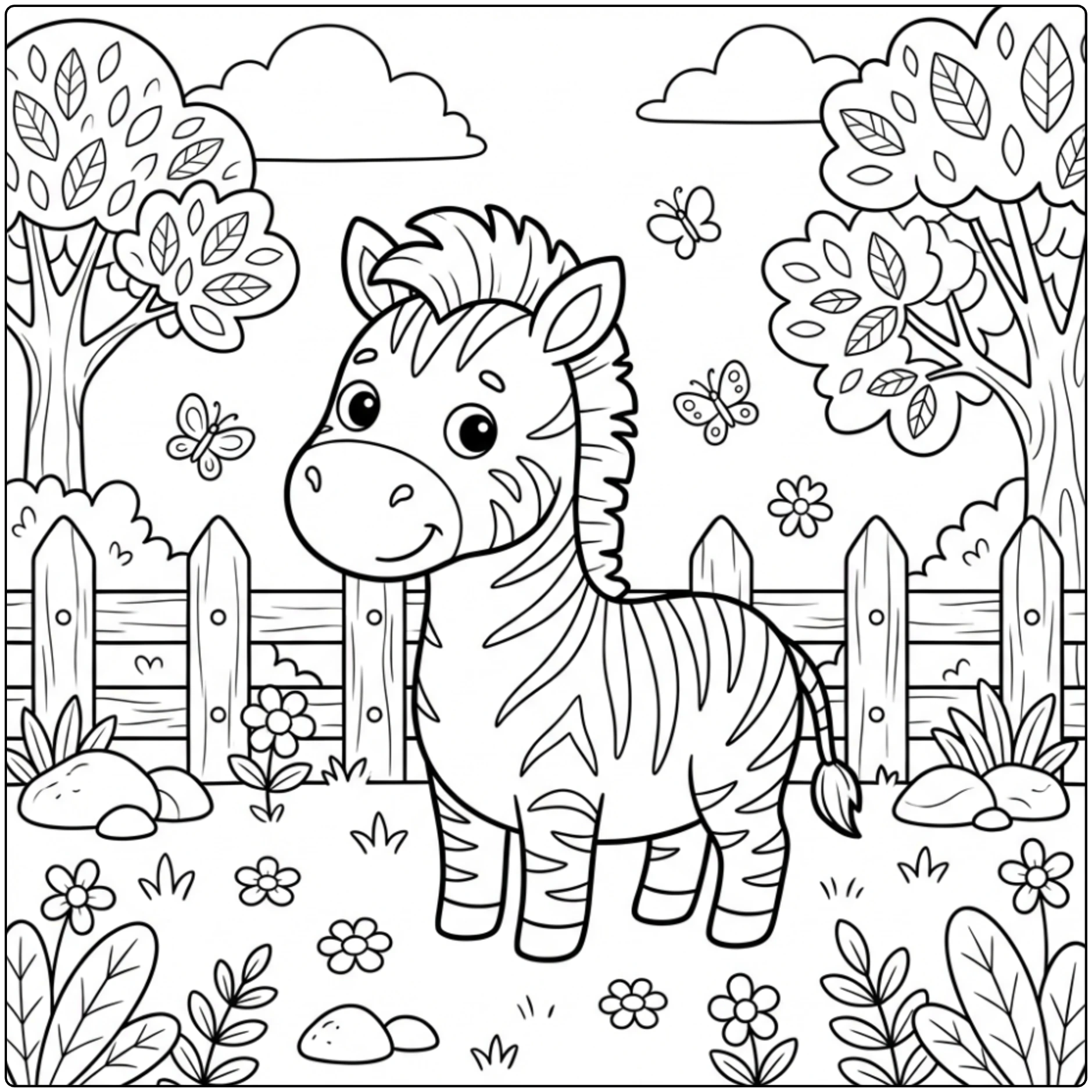 Curious zebra by a fence, a delightful Zoo Animal coloring page.