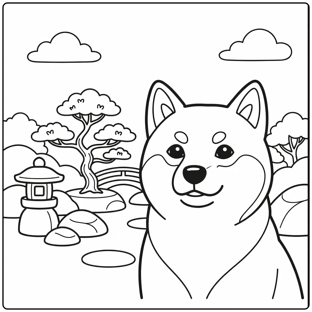 A cute Shiba Inu dog face coloring page in a zen garden scene.