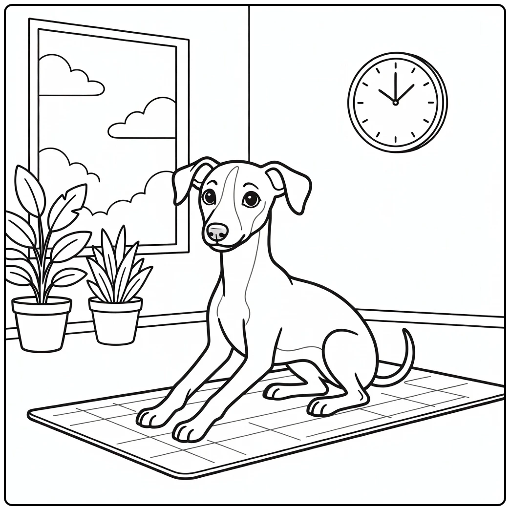 A yoga Whippet puppy on a mat in this cute dog coloring page.