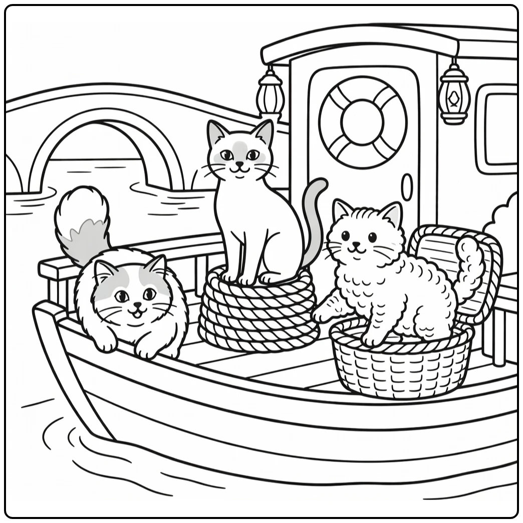 3 cats coloring pages: Turkish Van, Burmese, Rex on boat