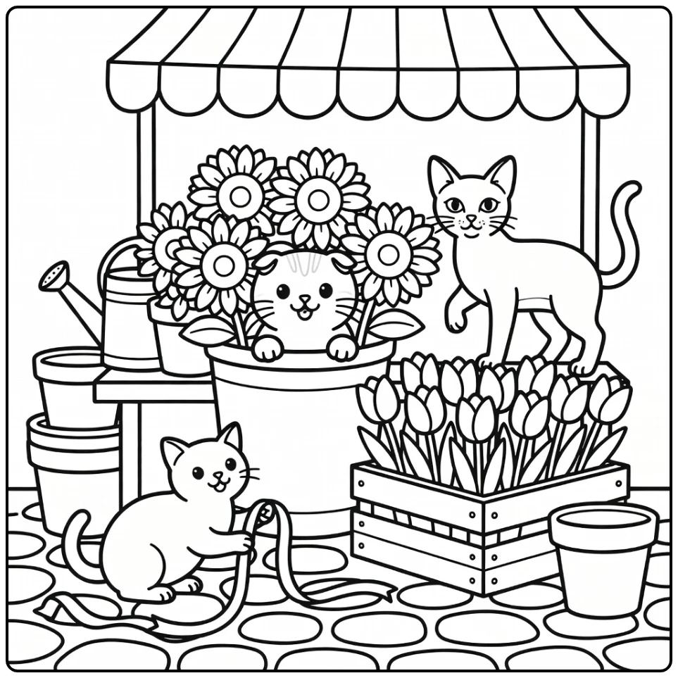 3 cats coloring pages: Fold, Somali, Manx at flower market cart