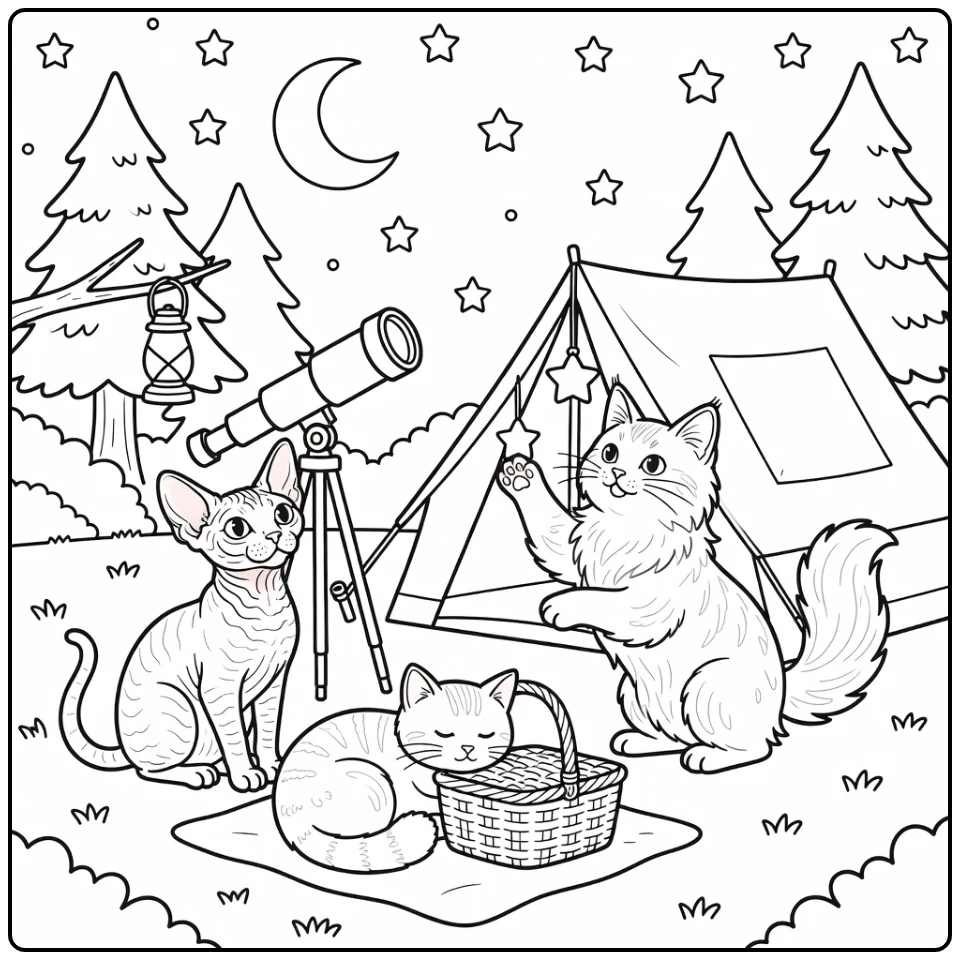 3 cats coloring pages: Devon Rex, Maine Coon, Bobtail stargazing