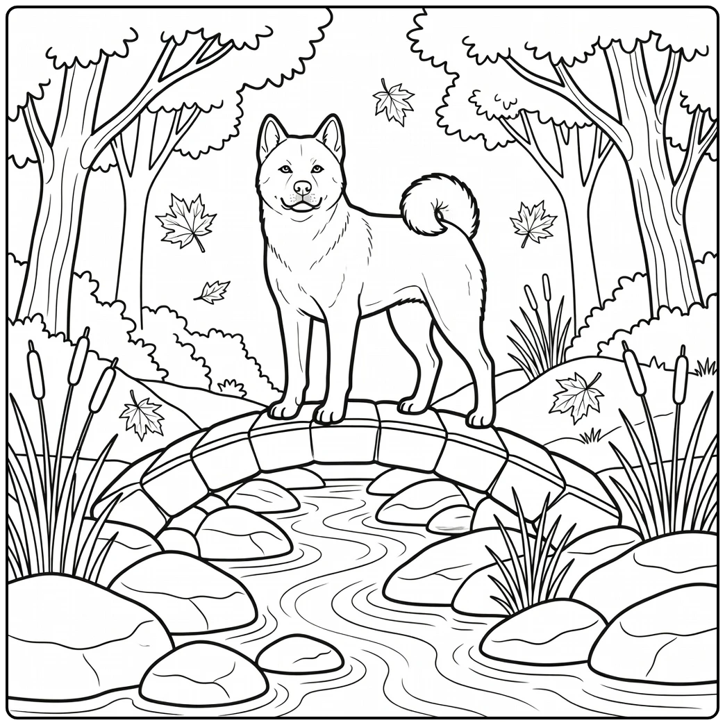 An Akita on a stone bridge realistic dog coloring page scene.
