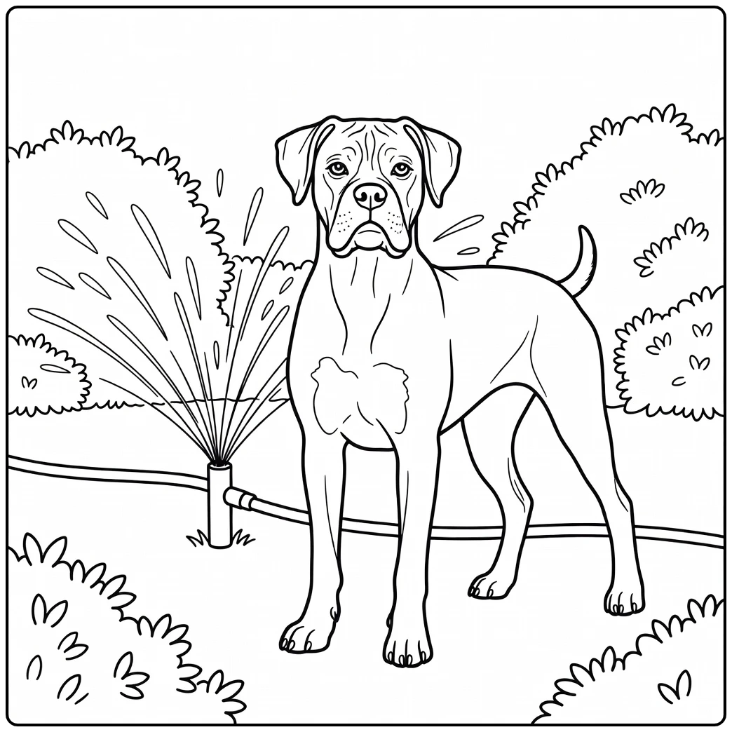 A playful Boxer on a realistic dog coloring page with a sprinkler.