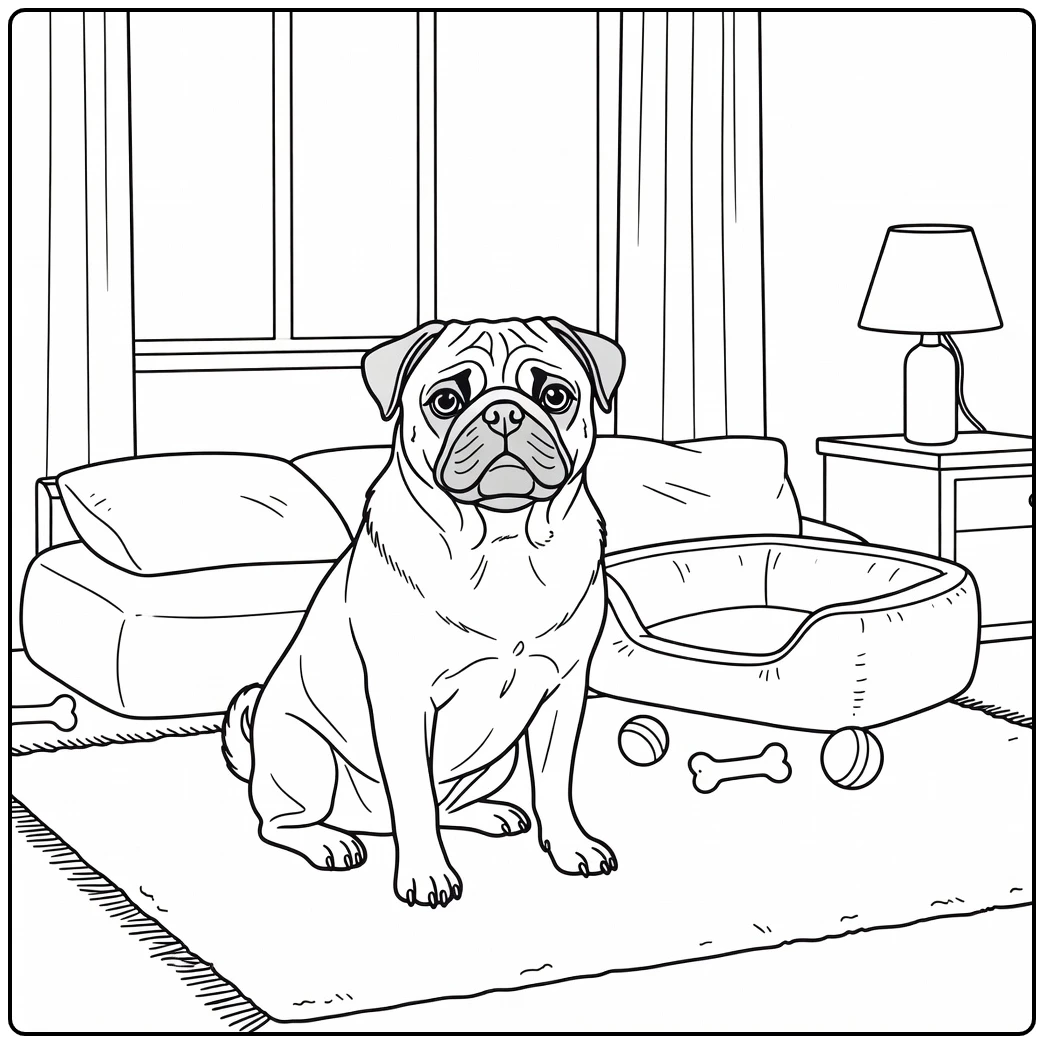 A wrinkly pug on a cozy rug realistic dog coloring page.