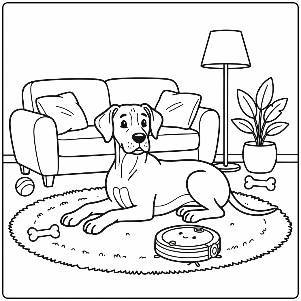 A gentle giant great dane coloring page with a robot vacuum.