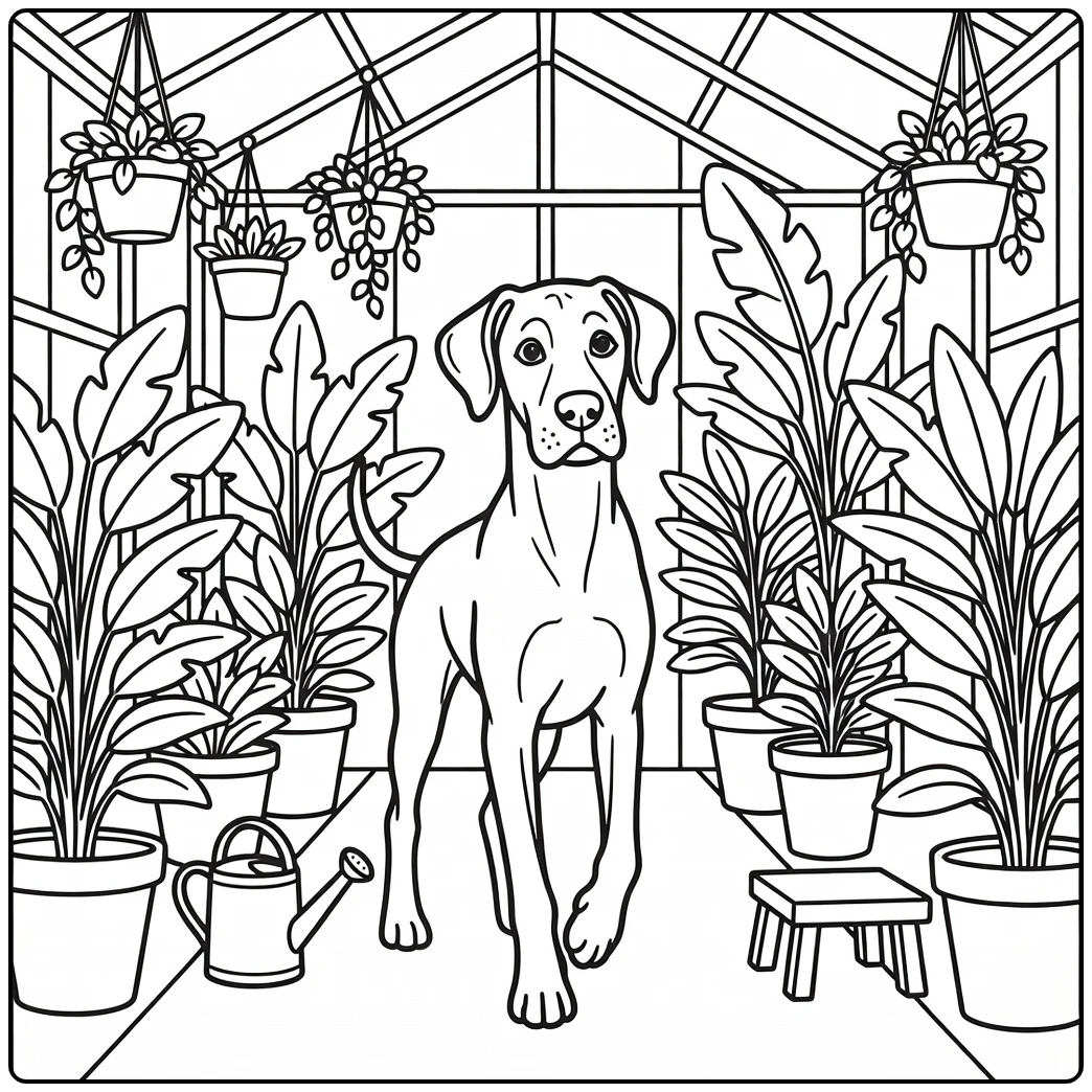 A friendly great dane coloring page inside a lush greenhouse.