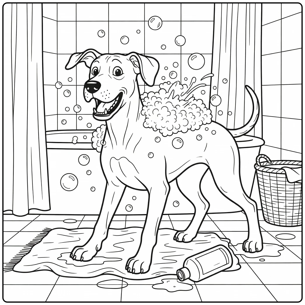 A happy dog on a great dane coloring page shakes off bubbles.