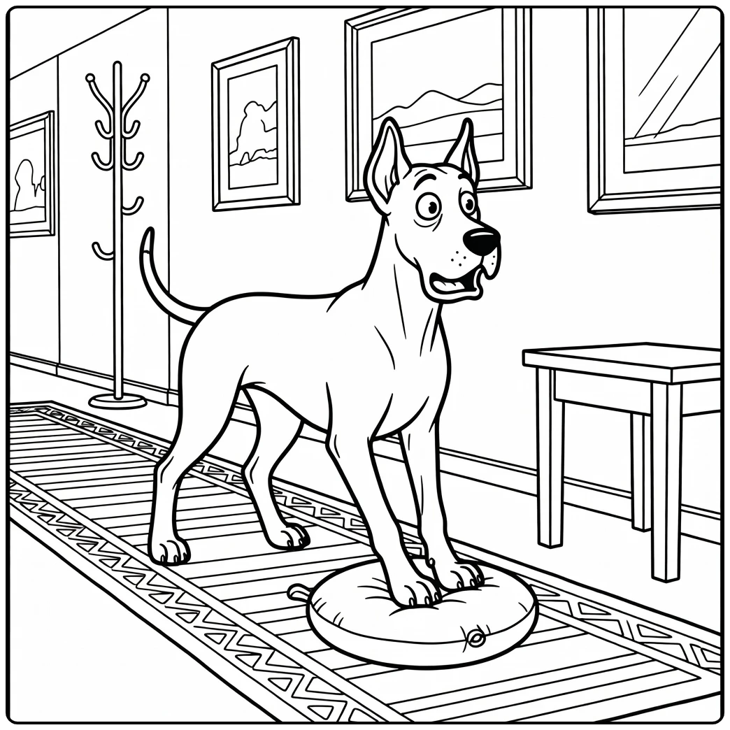 A surprised dog on a whoopee cushion, a great dane coloring page.
