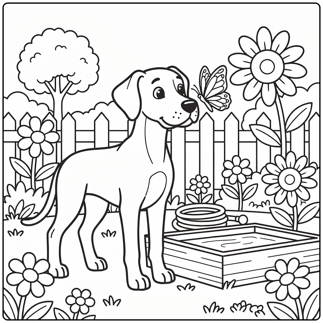 A gentle dog sniffs a butterfly on a great dane coloring page.