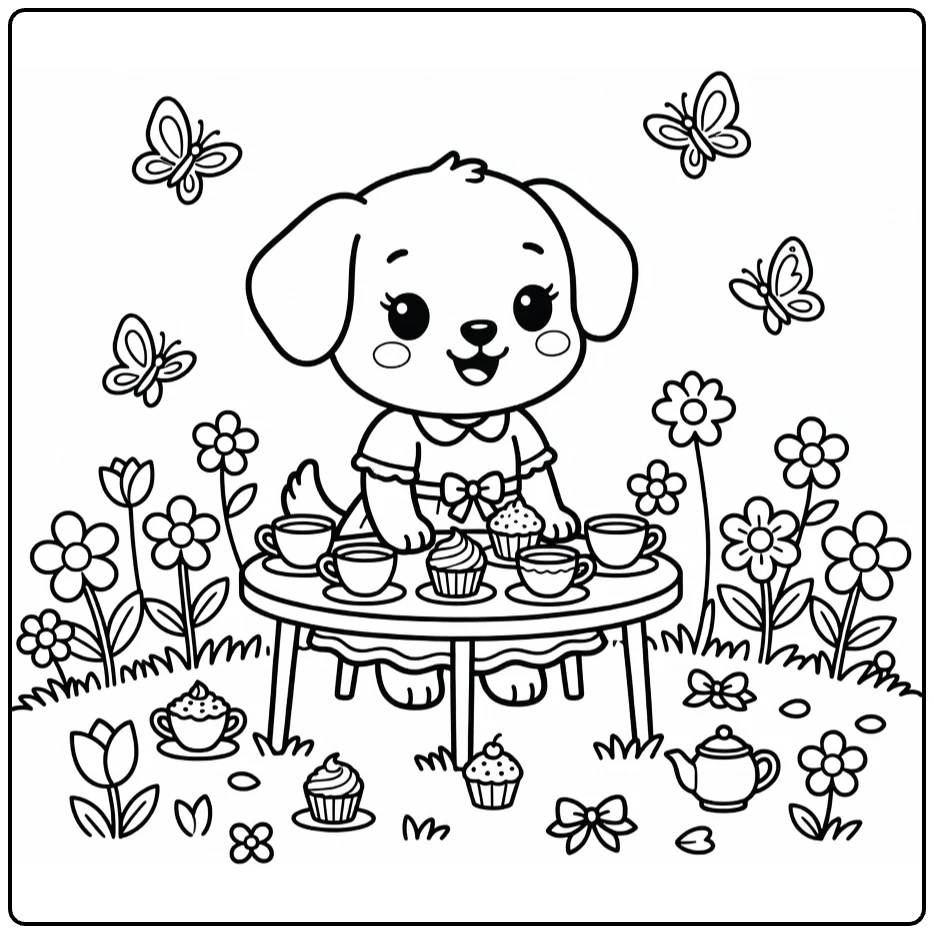 A Girl Puppy Coloring Page: Cute dressed puppy at garden tea party