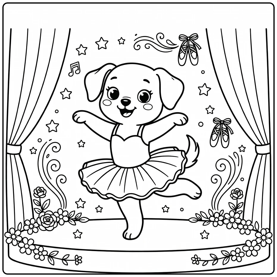 A Girl Puppy Coloring Page: Cute ballerina pup dancing on stage