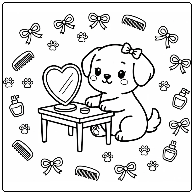 A Girl Puppy Coloring Page: cute pup at vanity with bow & mirror