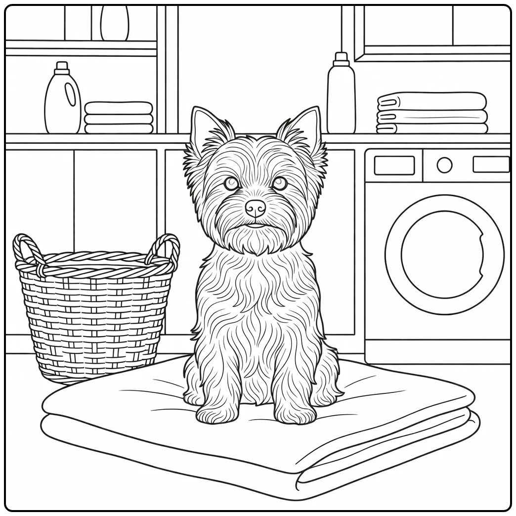 Yorkshire Terrier in a laundry room realistic dog coloring page.