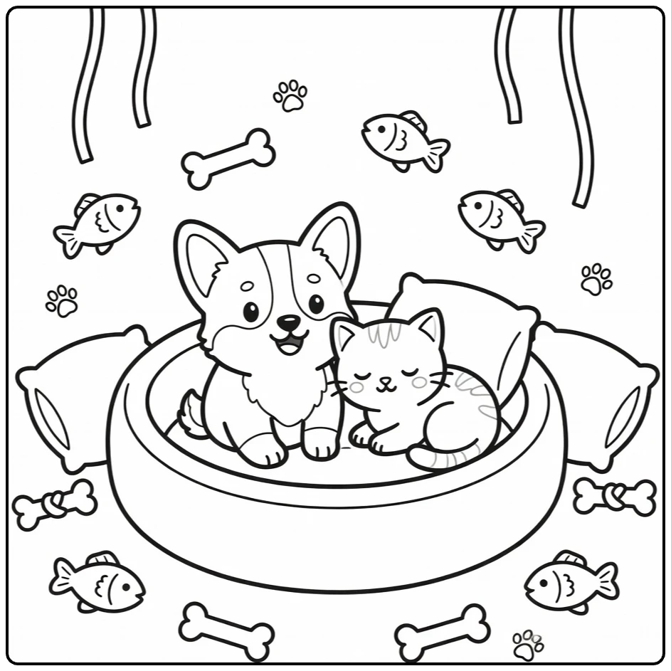 A Puppy And Kitten Coloring Page: Corgi Puppy & Sleepy Kitten in Pet Bed