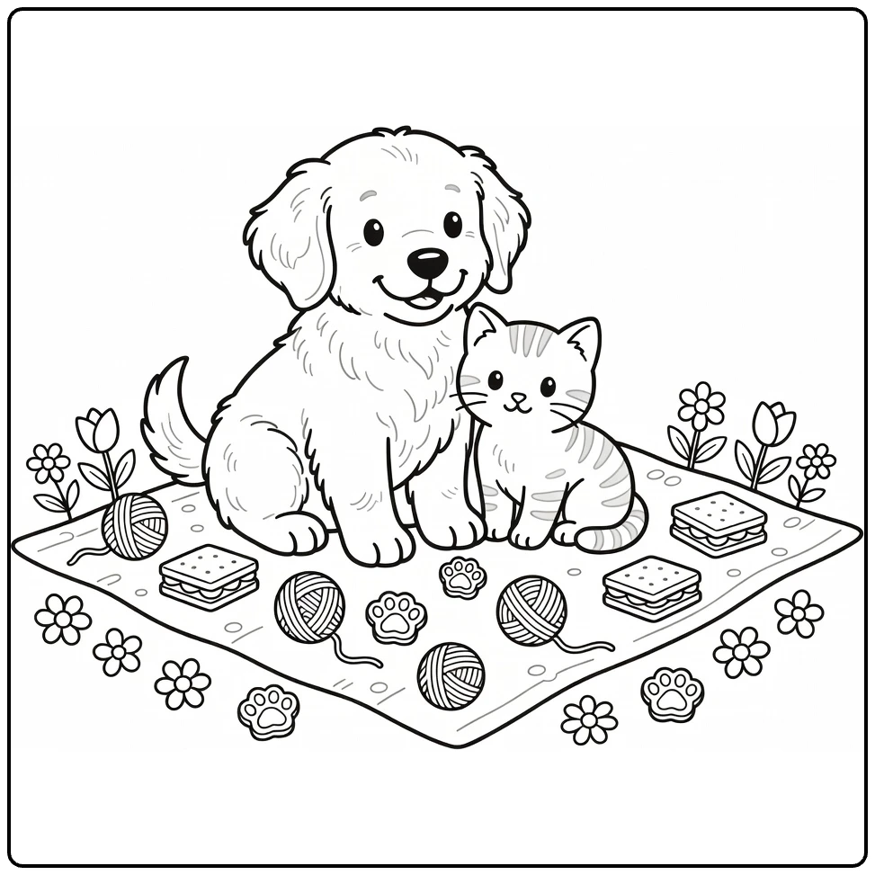 A Puppy And Kitten Coloring Page: Retriever Puppy & Tabby Picnic