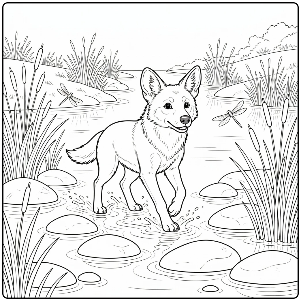 A cute wild dog coloring page featuring a river and dragonflies.
