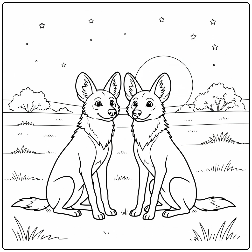 A cute pair of canines on a wild dog coloring page at dusk.