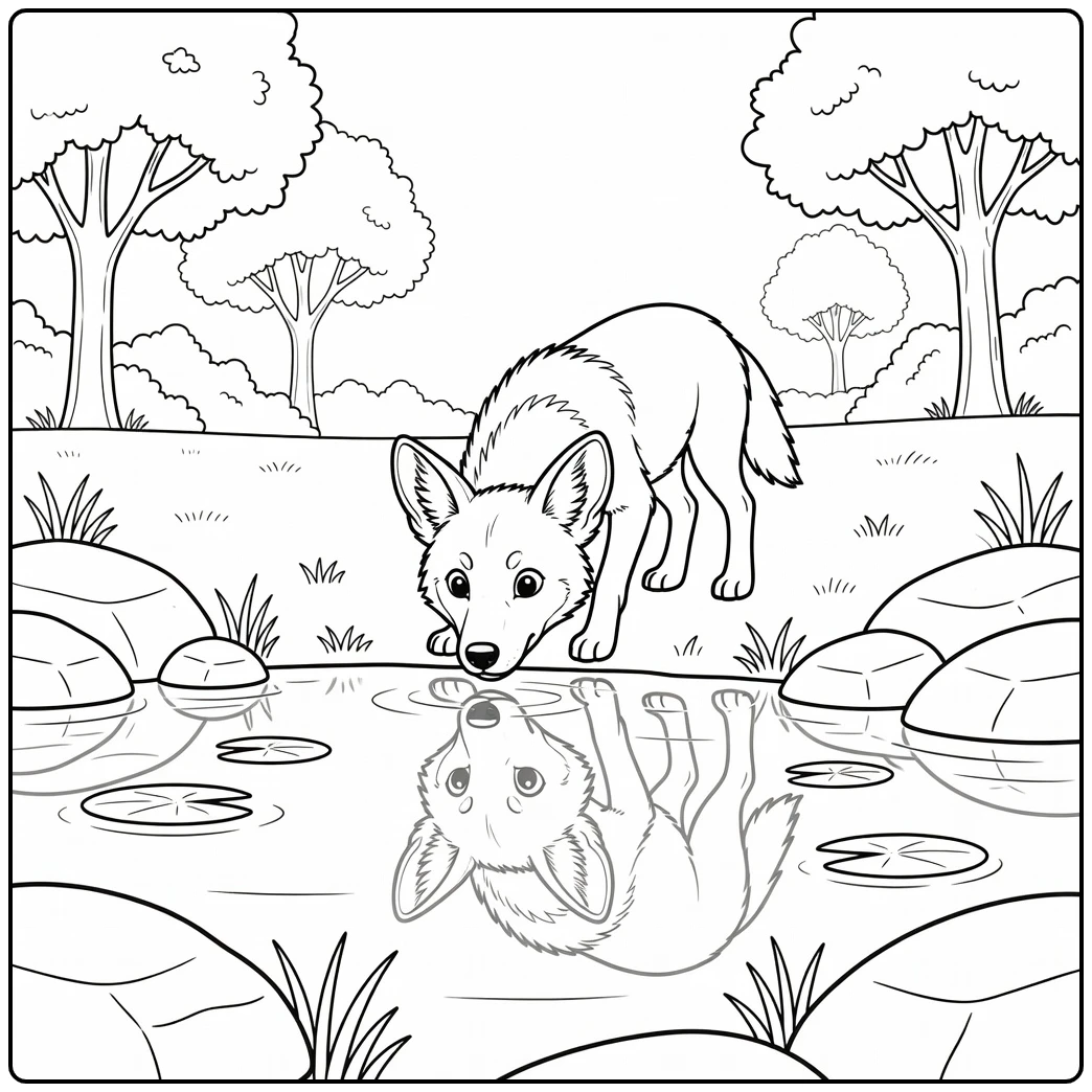 A cute wild dog coloring page with a dog seeing its reflection.