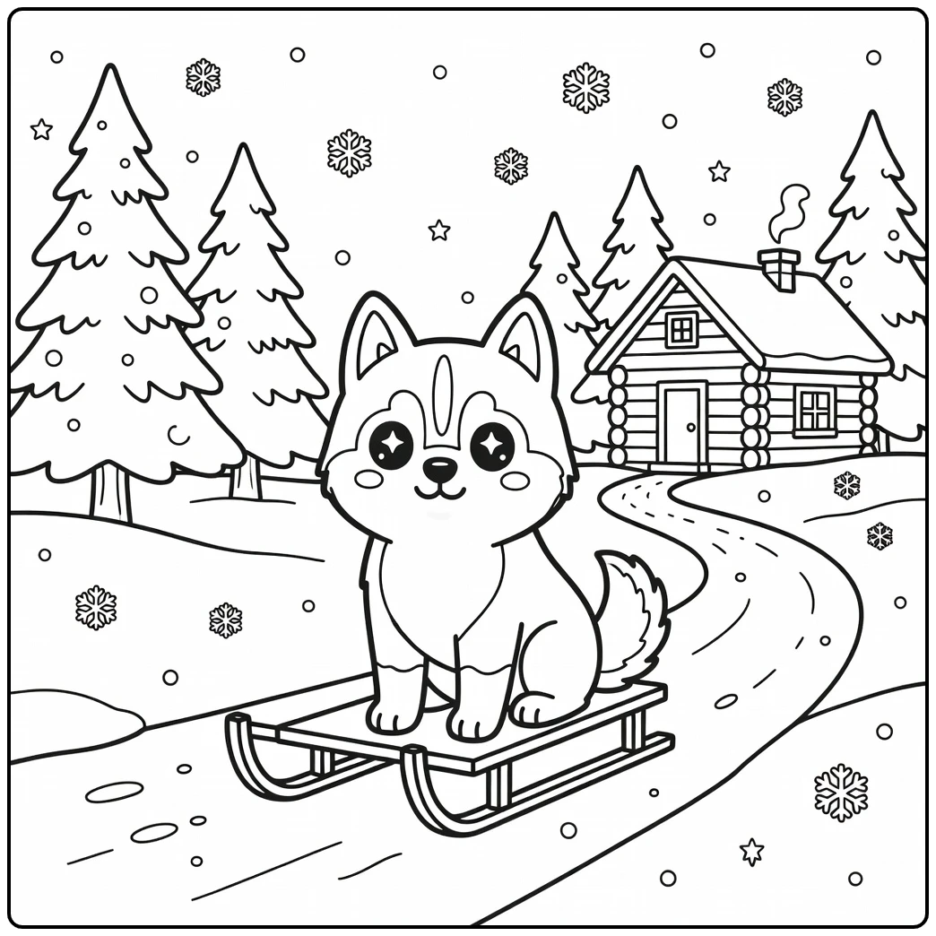 A Siberian Husky and sled on a snowy path kawaii dog coloring page.