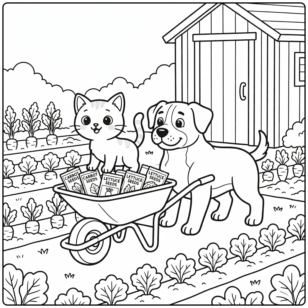 Cat on wheelbarrow pushed by dog garden fun cat and dog coloring pages