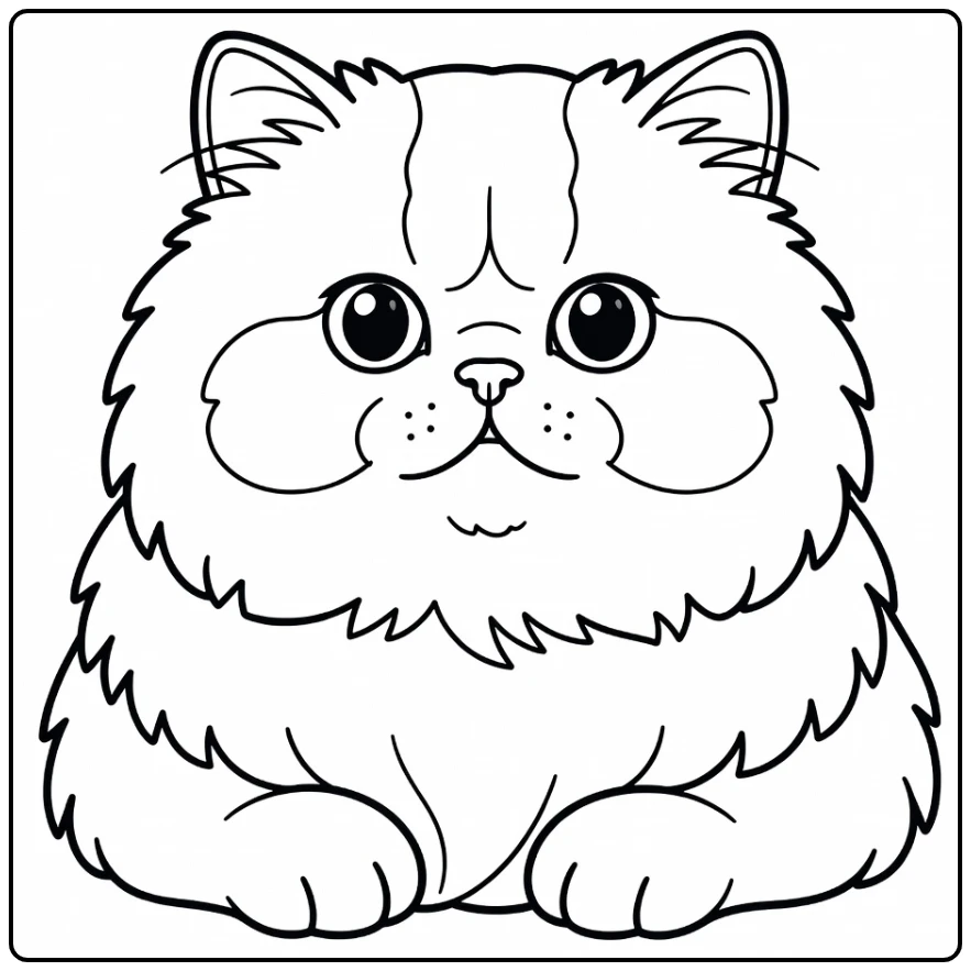 Fluffy Persian cat face coloring pages: big round eyes, sweet calm expression