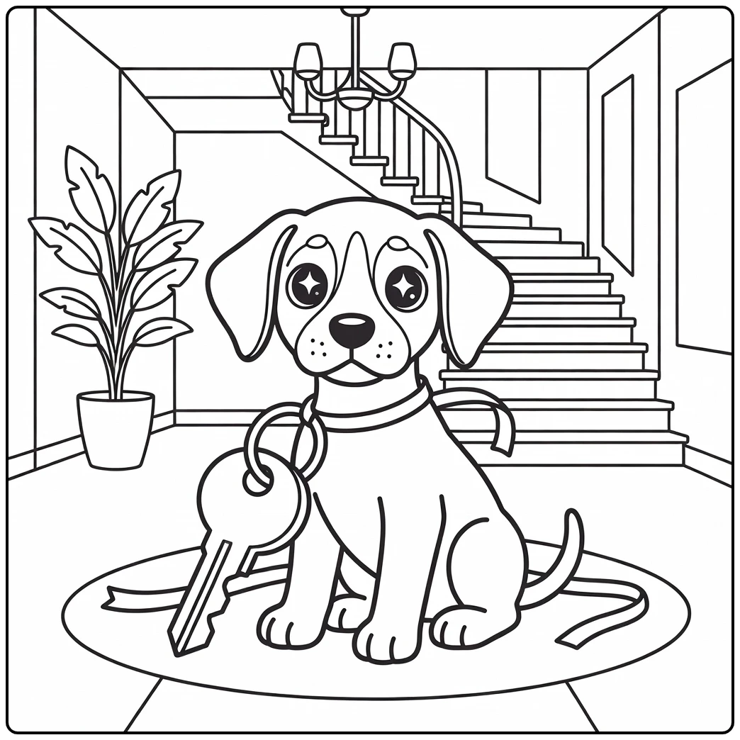 A Great Dane puppy sits in a foyer on this kawaii dog coloring page.