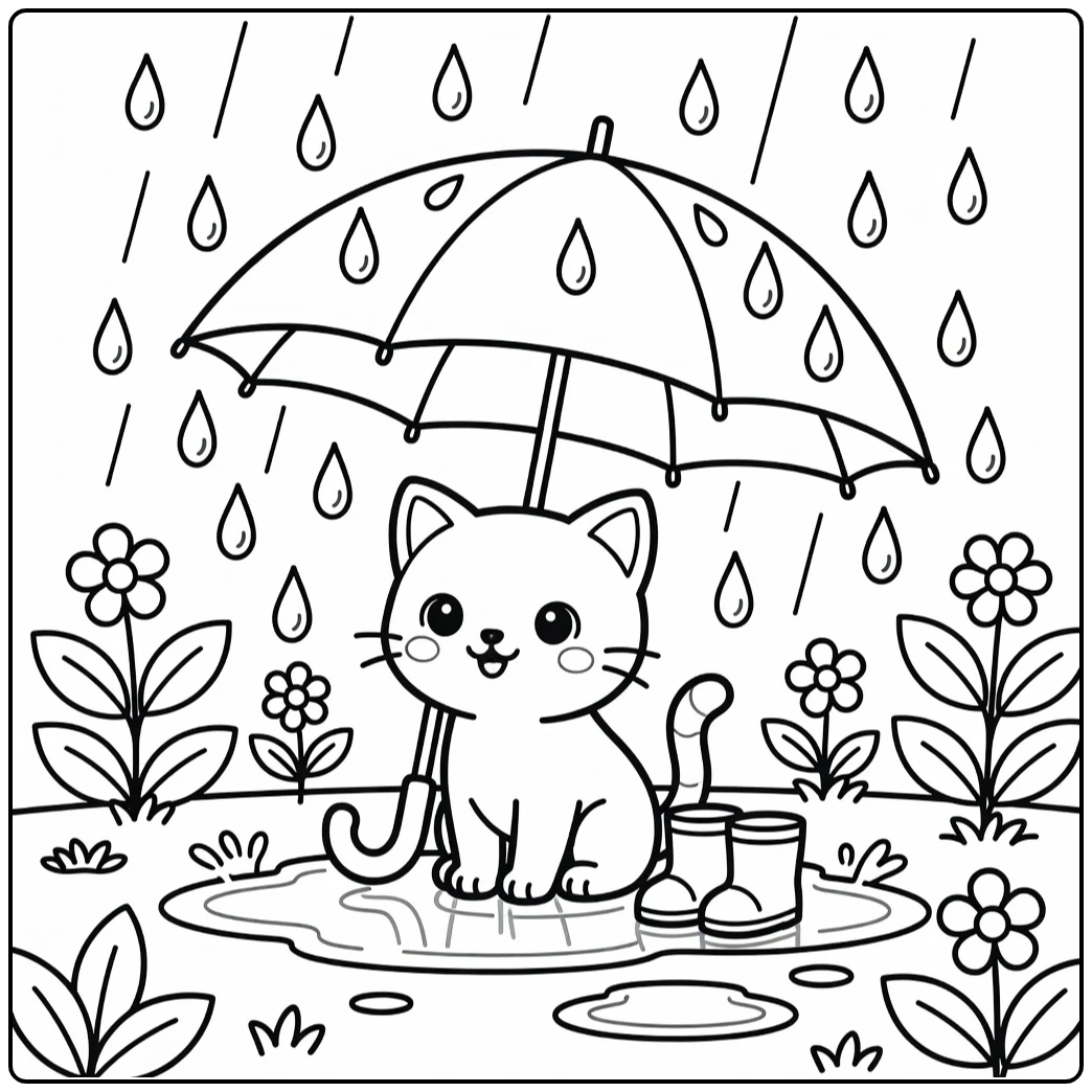 Cute kitten under umbrella in rain - kitten coloring pages