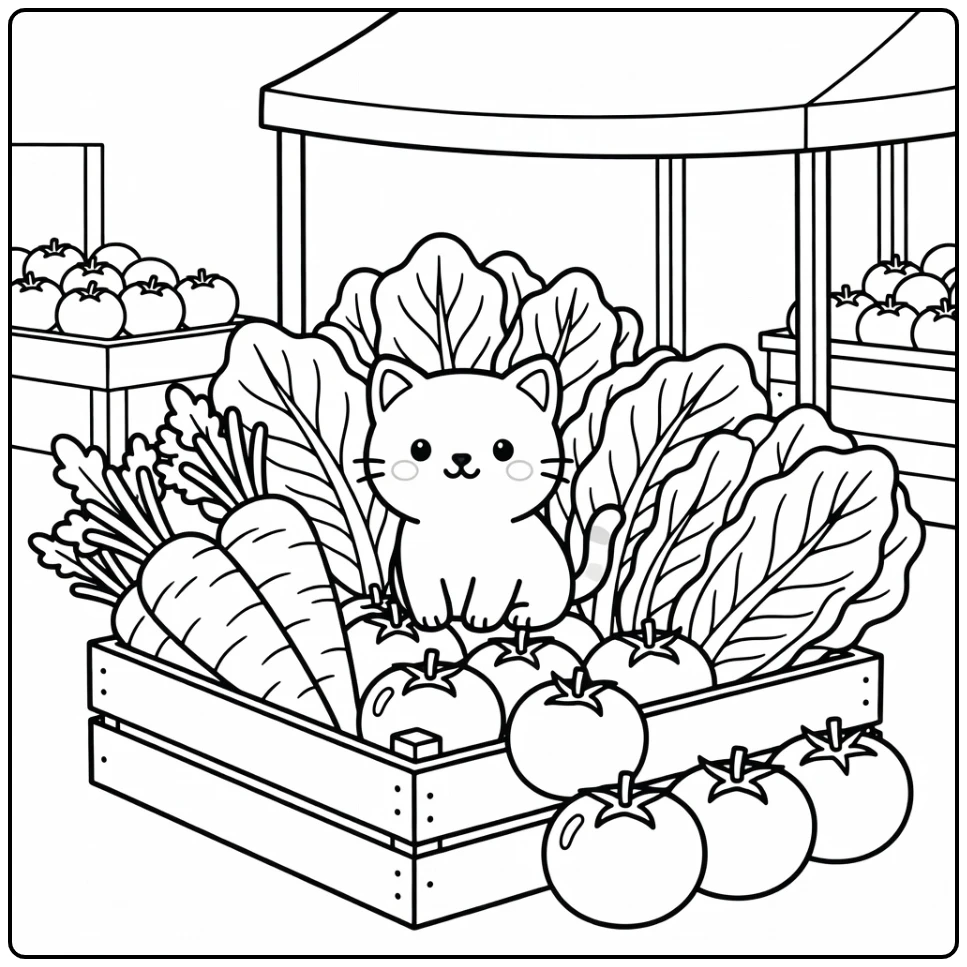 Cute kitten in veggie crate market stall kitten coloring pages