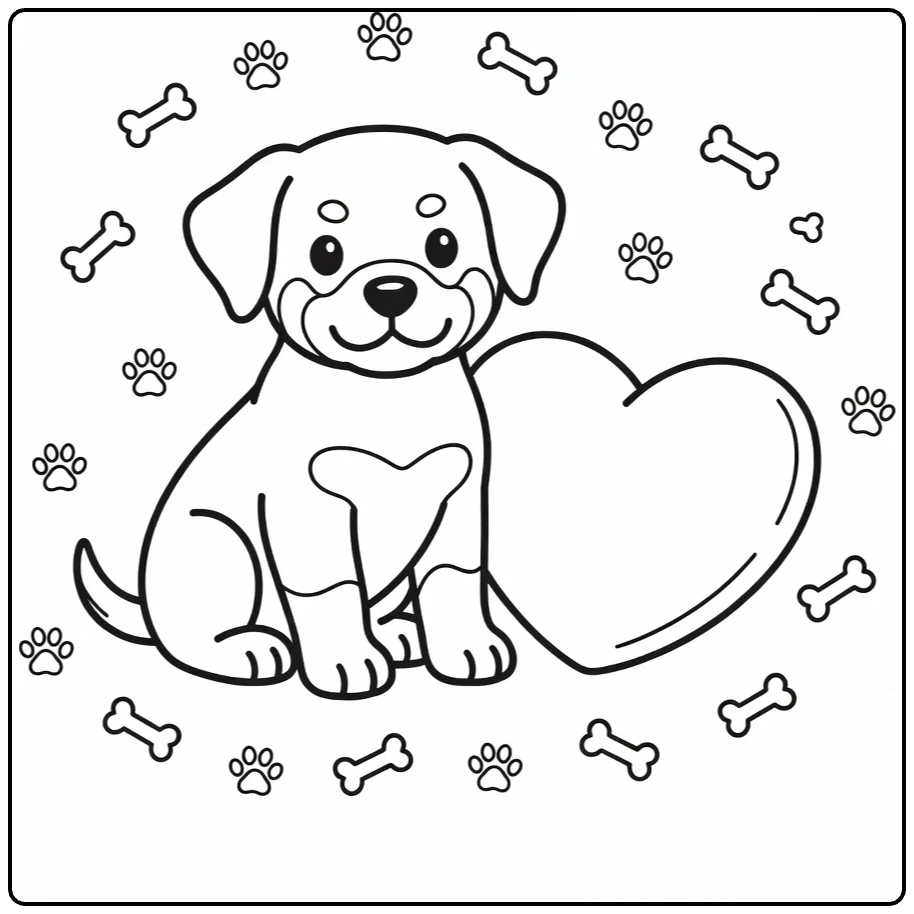 Gentle Rottweiler Puppy coloring page with heart pillow, bones