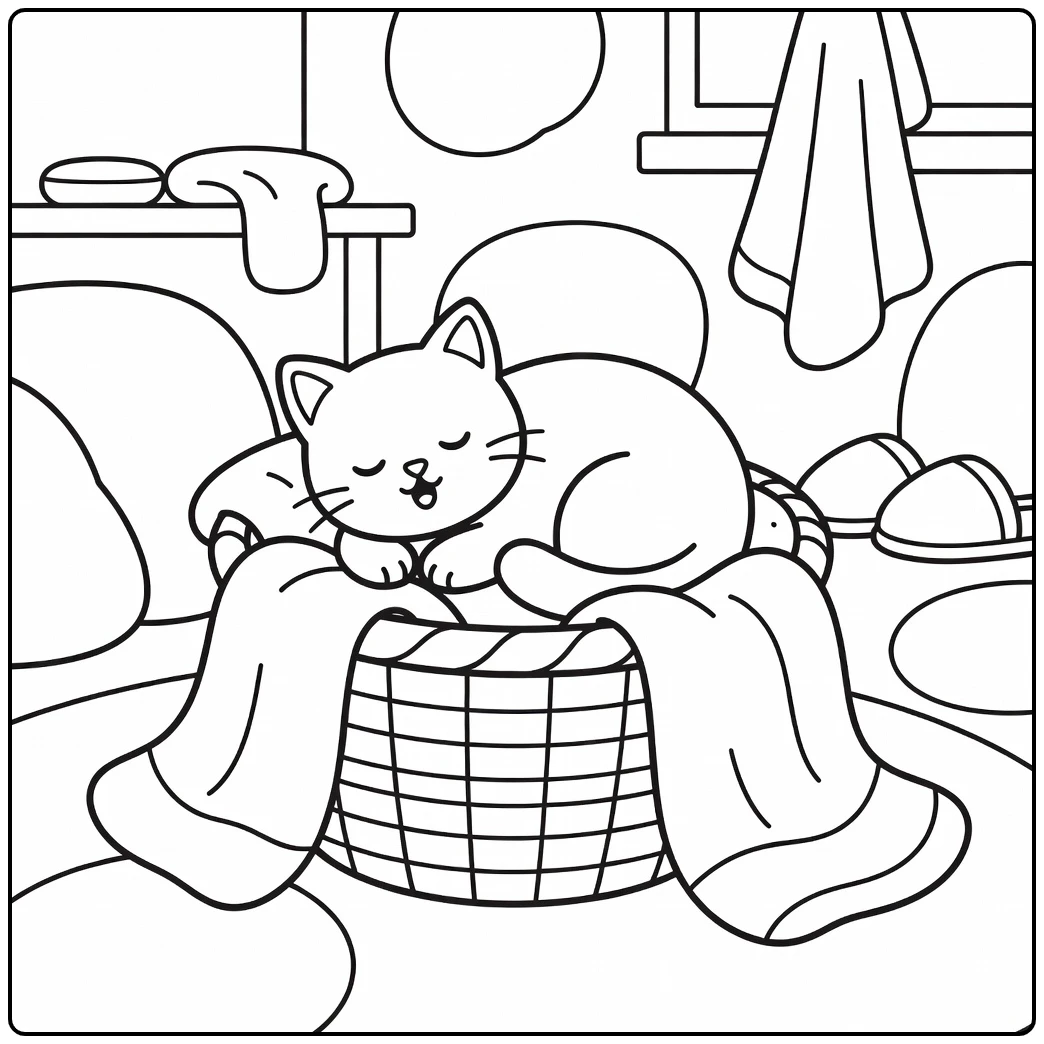 Sleepy cat curled in laundry basket with towels cat coloring pages