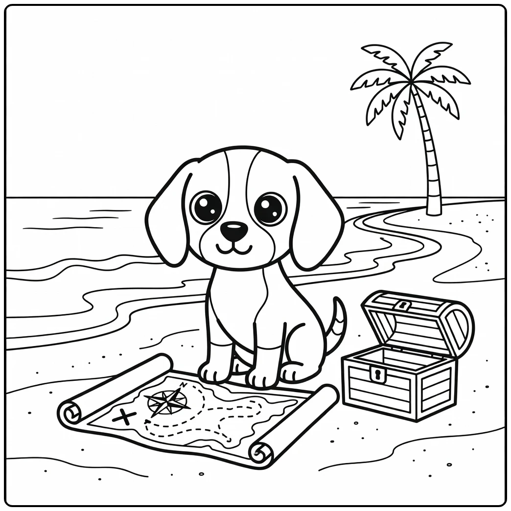 A Beagle with a treasure map, a kawaii dog coloring page.