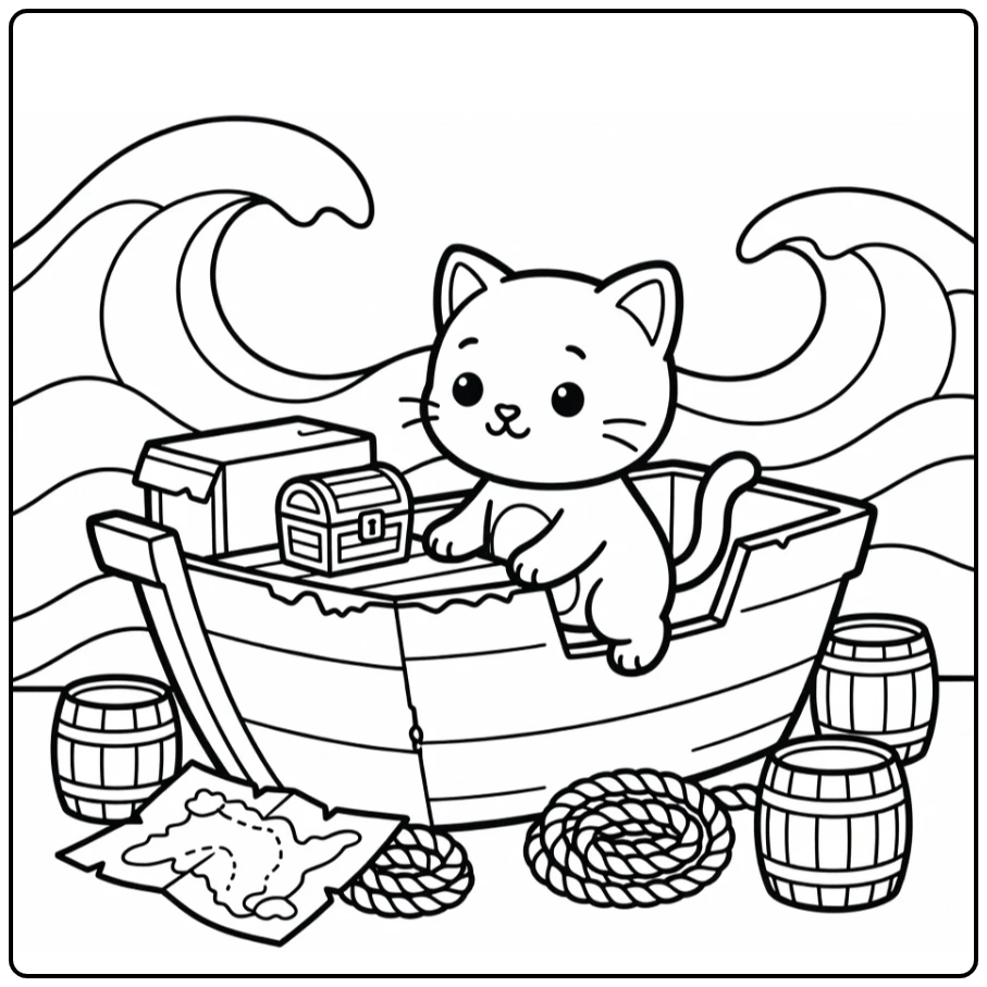 Curious boy cat on pirate ship fort boy cat coloring pages