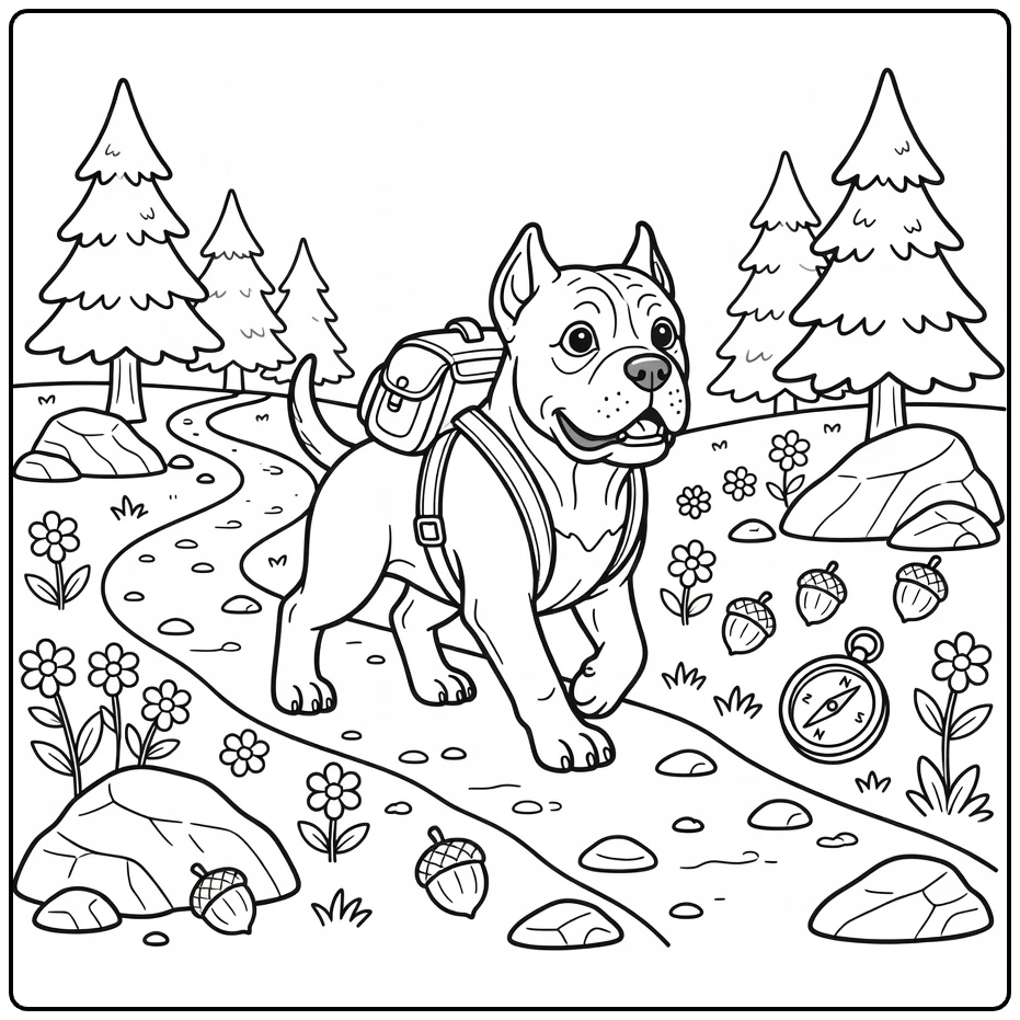 Cane Corso coloring page: pup with backpack on trail