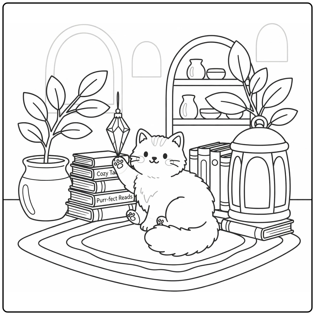 Aesthetic cat coloring pages: fluffy cat touching crystal