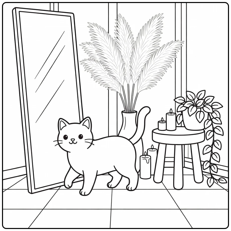 Aesthetic cat coloring pages: sleek cat in sunroom with mirror