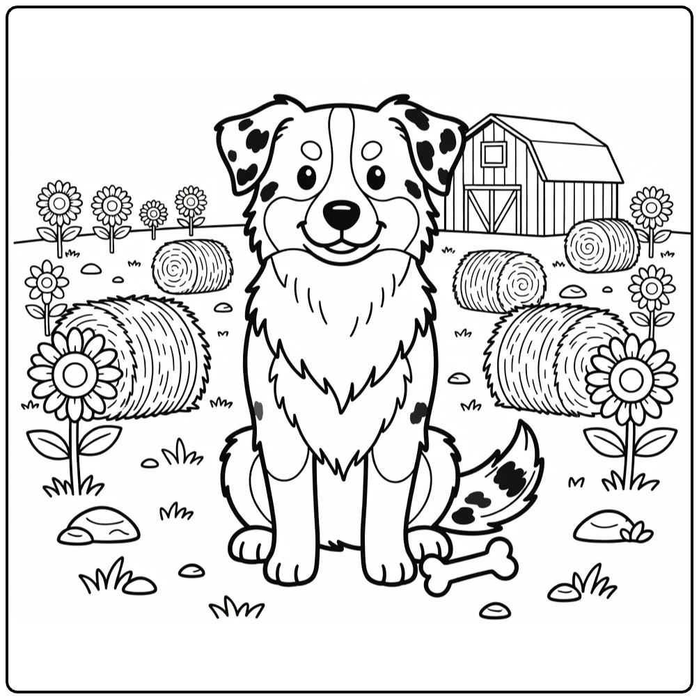 Australian Shepherd Dog with bone coloring page farm