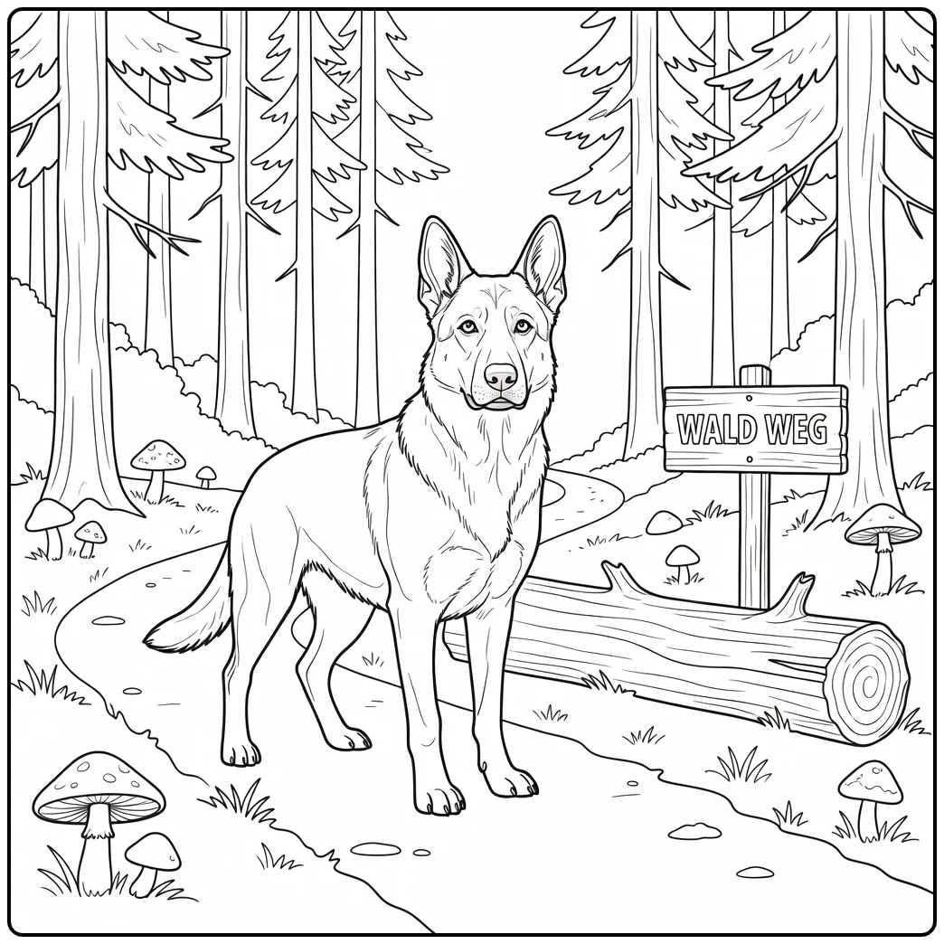 German Shepherd on a forest path realistic dog coloring page.