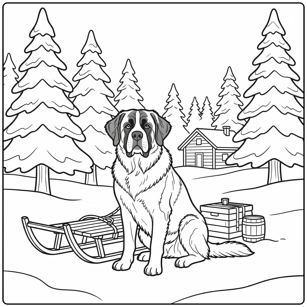 A sitting Saint Bernard on a realistic dog coloring page.