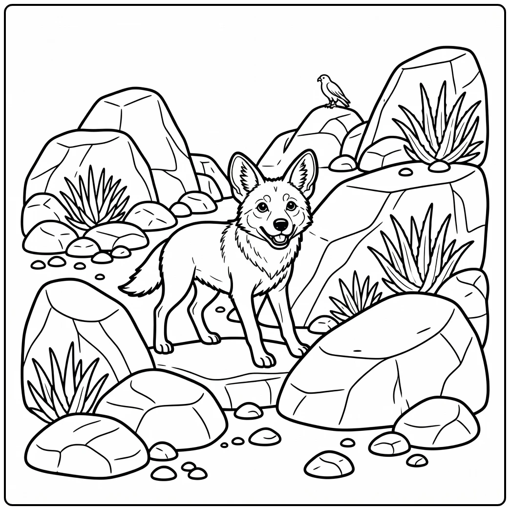 A cute wild dog coloring page set in a rocky outcrop scene.