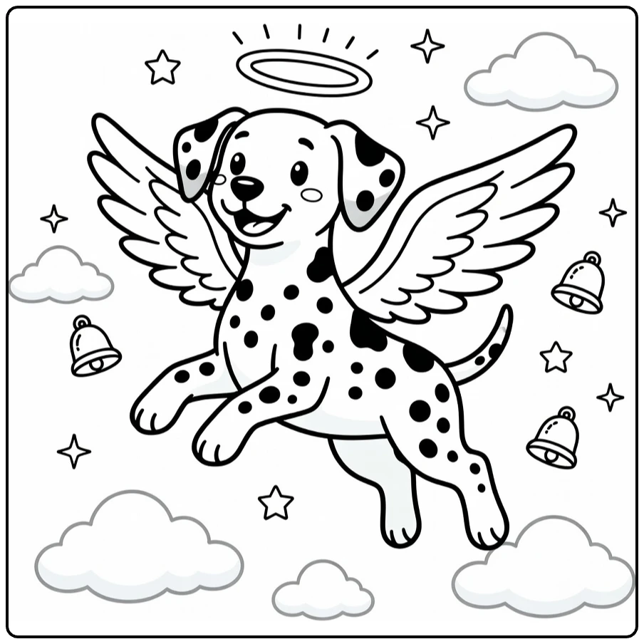 Angel Dog coloring page: playful Dalmatian angel with wings, halo