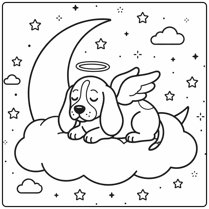 Angel Dog coloring page: sleepy Basset Hound angel on moon