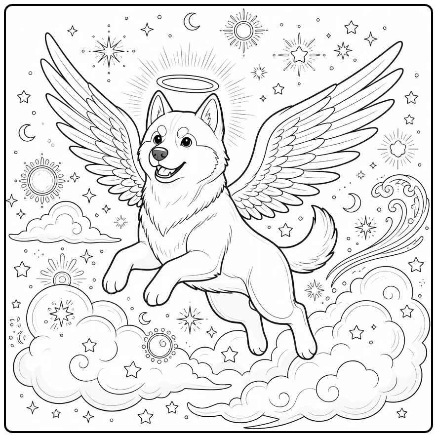 Angel Dog coloring page: brave Husky soaring with halo, wings thru clouds