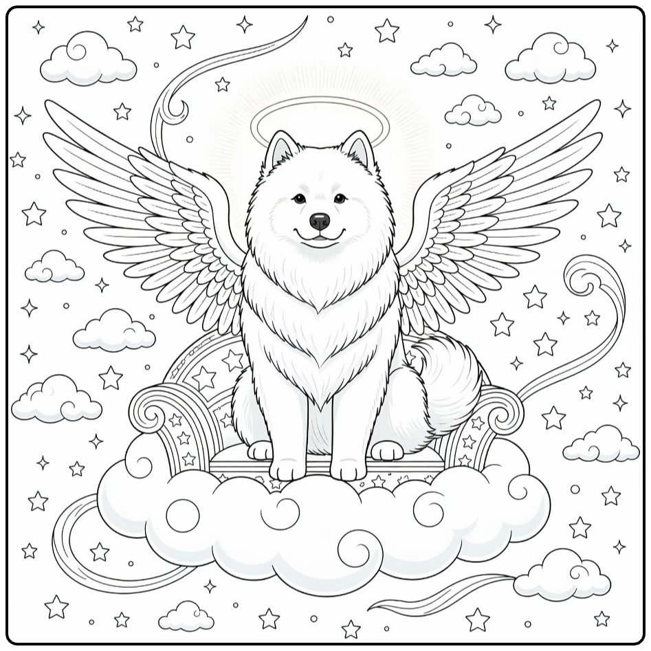 Angel Dog coloring page: Samoyed angel on cloud throne