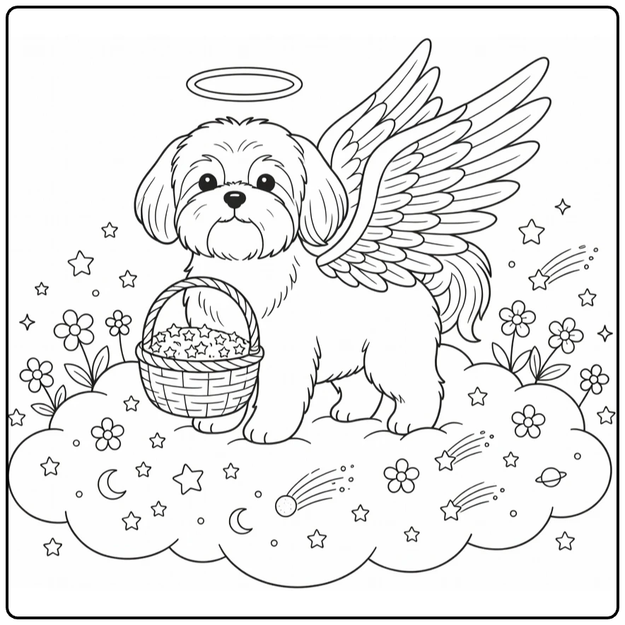 Angel Dog coloring page: Shih Tzu angel with stars basket